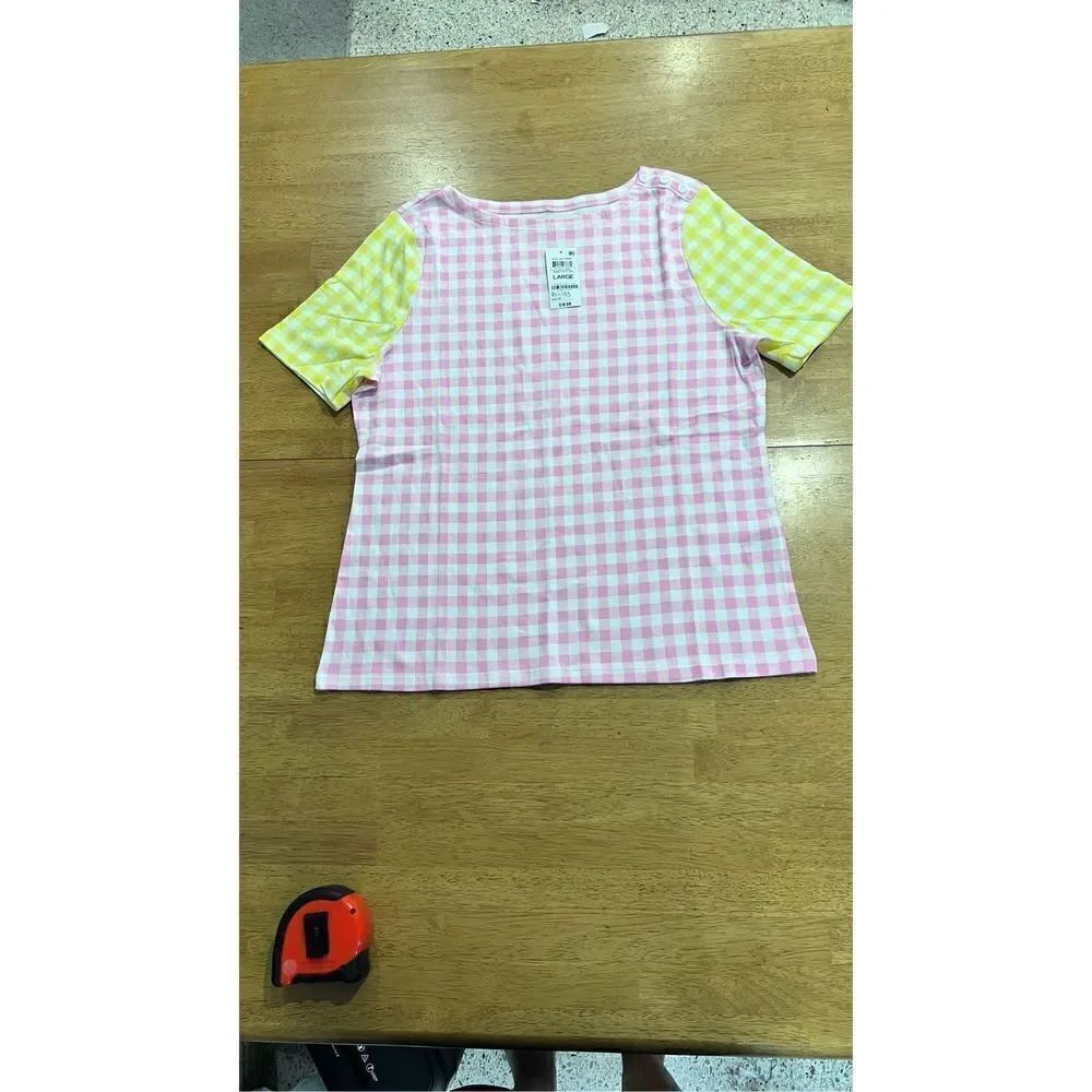 CHARTER CLUB GINGHAM BOAT NECK PINK/YELLOW CHECK TOP SZ L NEW P1-133